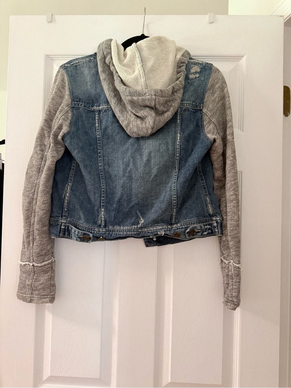 Free People Knit Hooded Denim Jacket with Blue Grey Sleeves - Small - Picture 8 of 11
